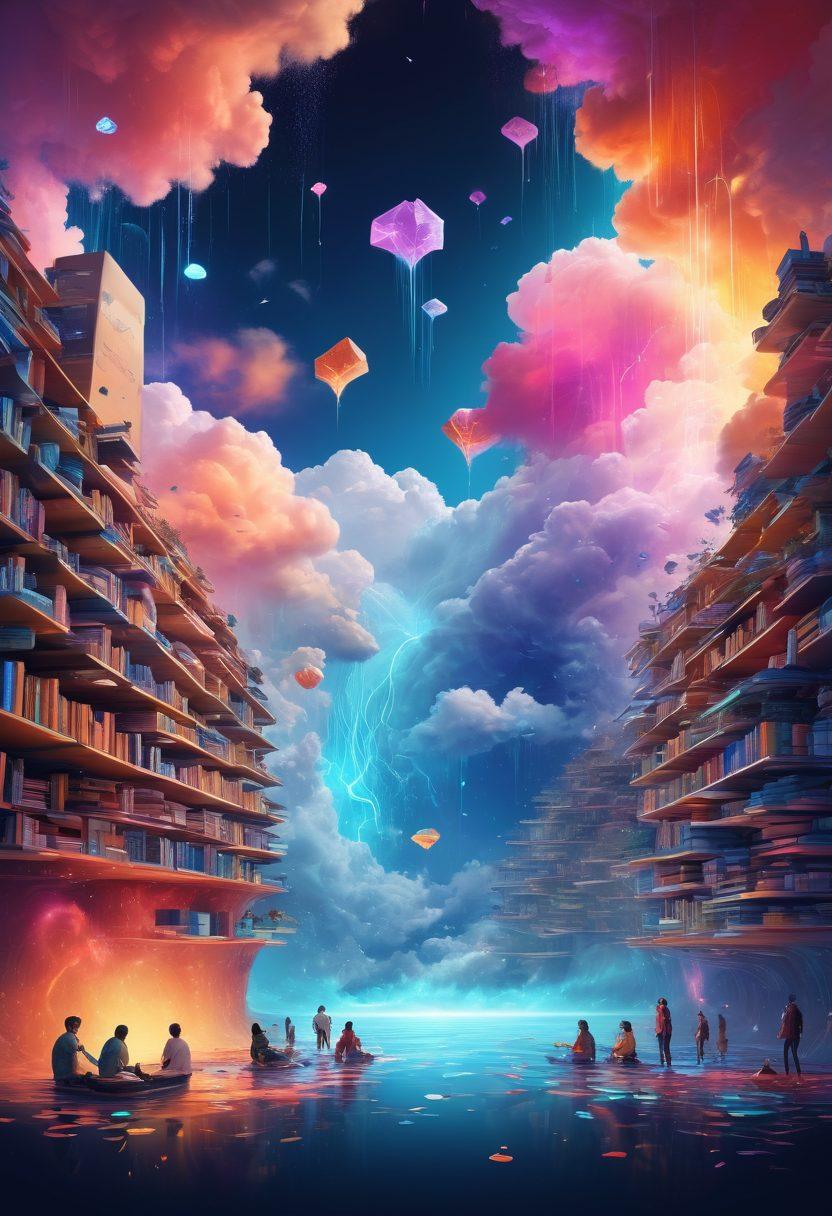 A digital landscape filled with glowing data streams flowing like rivers, representing the concept of high-quality digital downloads. In the foreground, a diverse group of people, representing different cultures, are accessing devices showcasing vibrant thumbnails of various digital products. The background features an abstract representation of a cloud with symbols of creativity and potential—like books, art, and tools—floating around. The scene is illuminated with bright, empowering colors, symbolizing unlimited potential. 3D. vibrant colors. digital art.