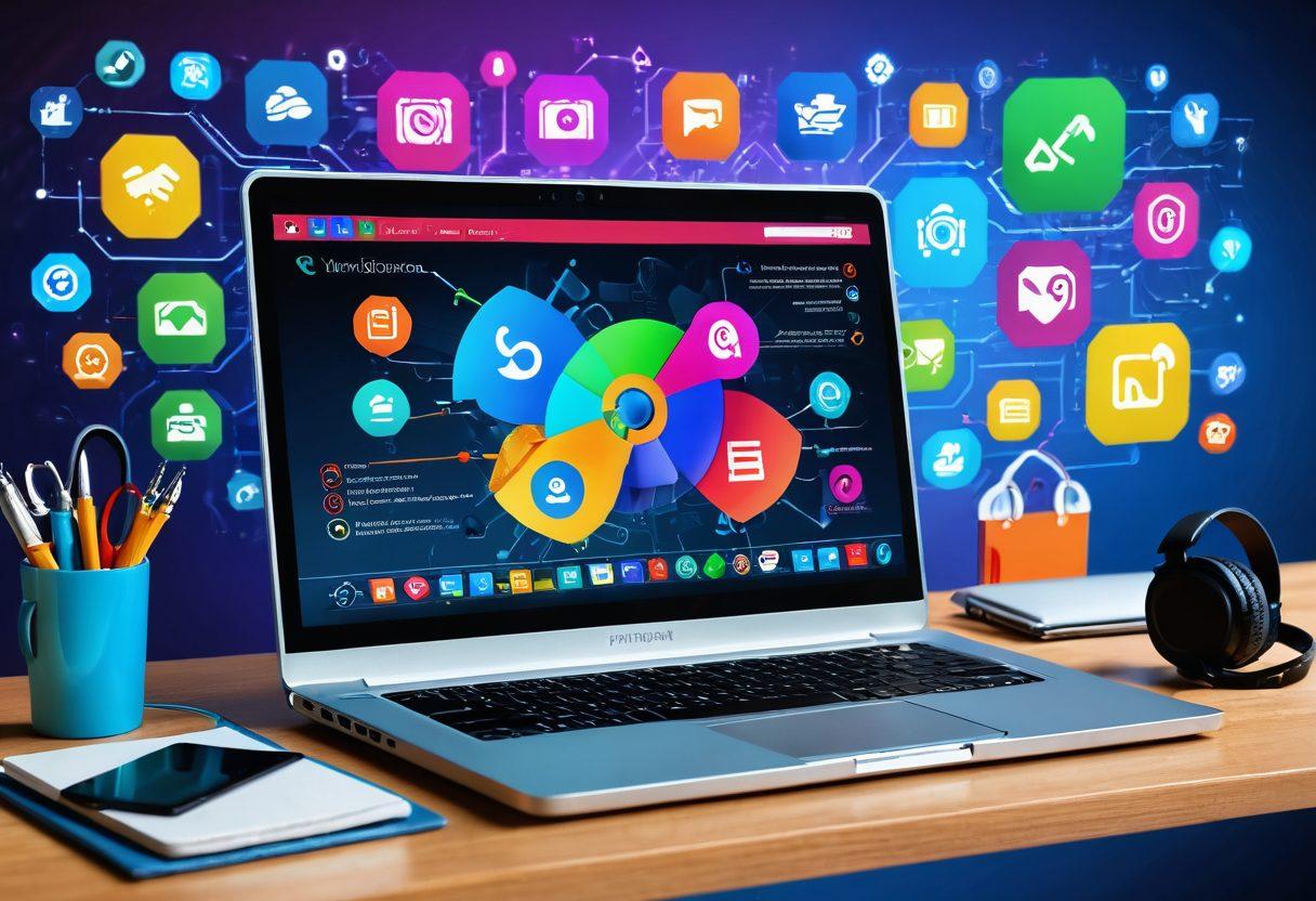 A dynamic workspace displaying a laptop screen showcasing various download platforms, surrounded by essential tools like a wrench, a screwdriver, and headphones. The background features vibrant digital graphics representing fast internet connectivity and reliable media download icons. The color scheme should be bright and engaging to attract attention. super-realistic. vibrant colors. 3D.